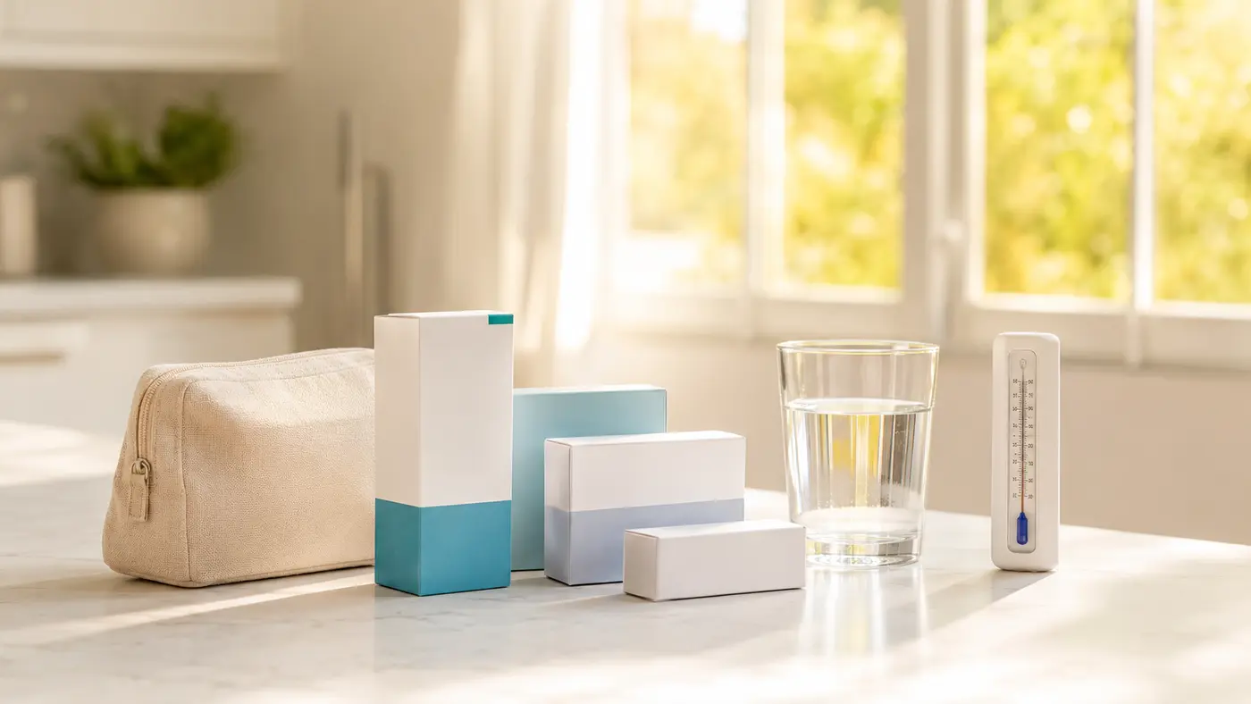 Médicaments rangés à l’abri du soleil avec un verre d’eau et un thermomètre
