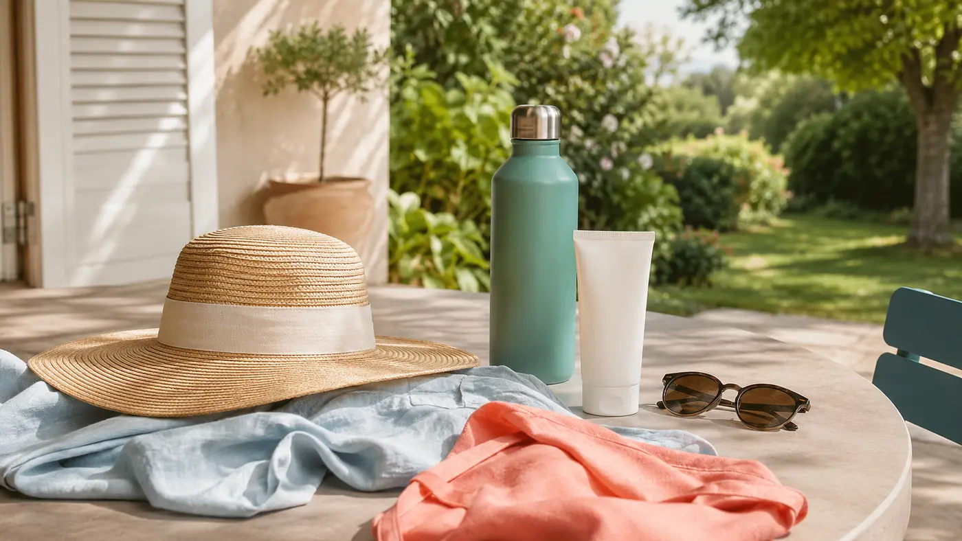 Chapeau, vêtements couvrants, lunettes, eau et protection solaire disposés à l’ombre