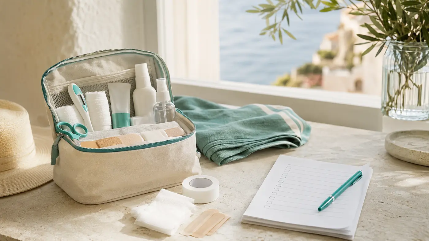 Trousse de premiers soins préparée pour un départ en vacances